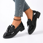Women's Glossy Bow Loafers with Low Stacked Heel — view 8