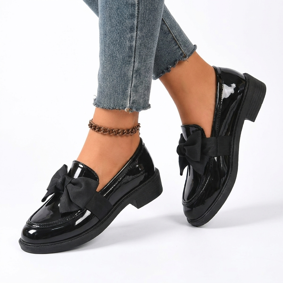 Women's Glossy Bow Loafers with Low Stacked Heel — view 8