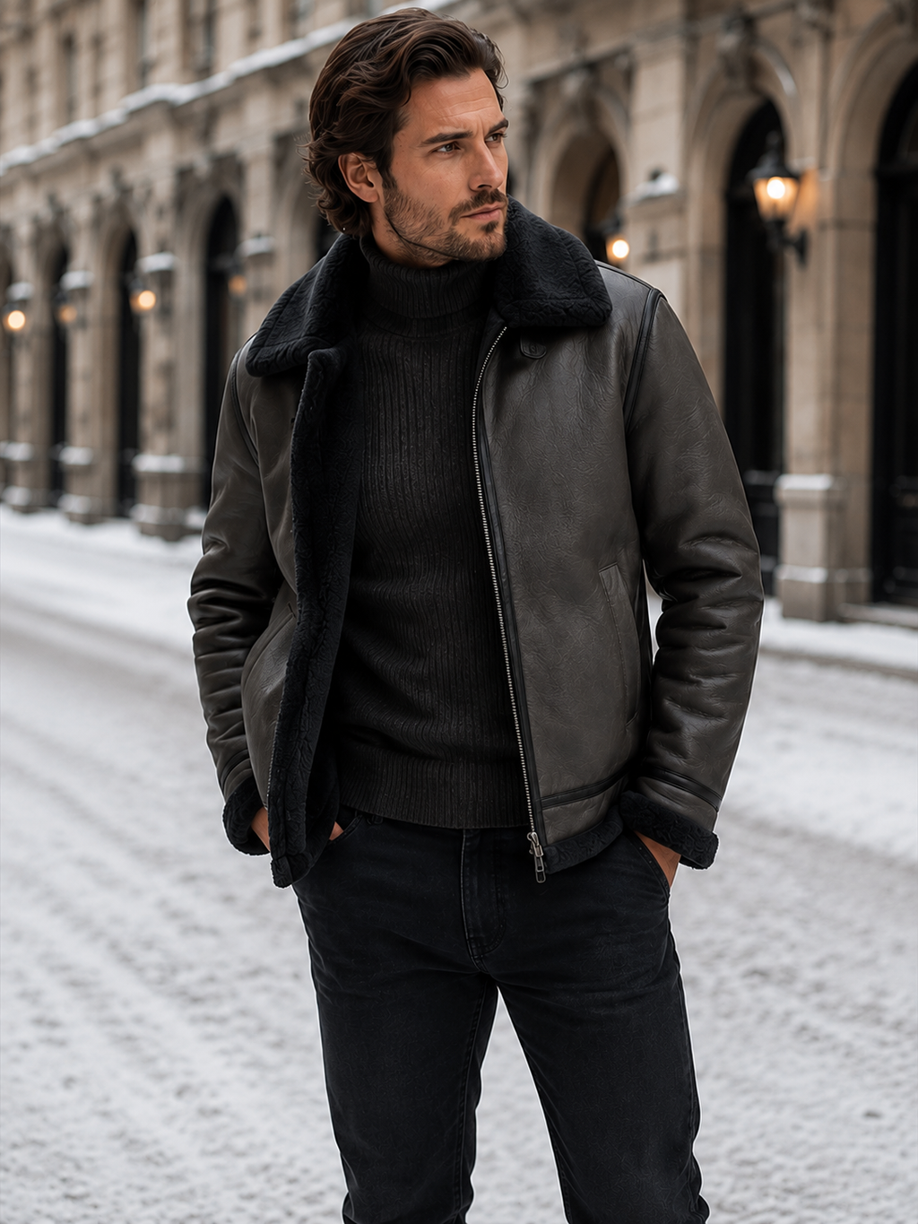 Men's leather-look faux shearling collar aviator jacket