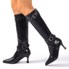 Women's Studded Heeled Knee High Boots with Pointed Toe — view 8