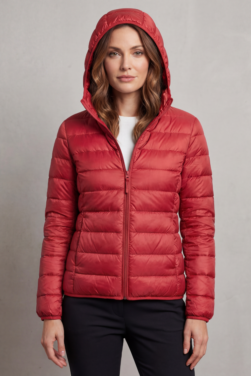 Women's lightweight packable hooded puffer jacket