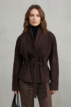 Women's cropped double-breasted wool-blend belted jacket