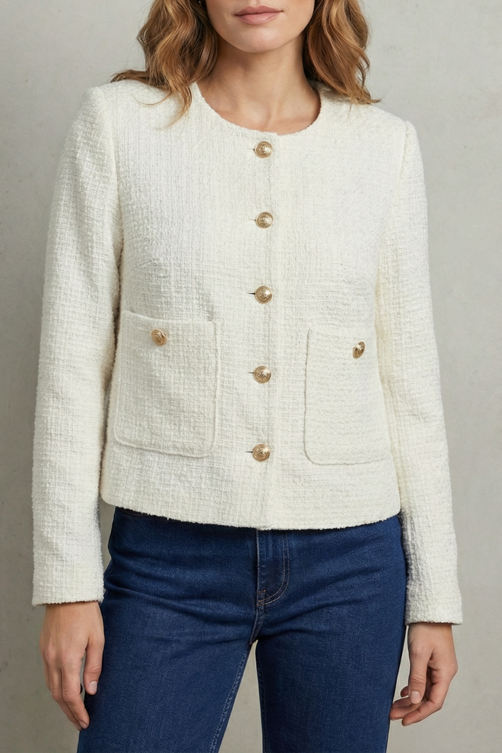 Women's cropped round neck blazer with gold-tone buttons