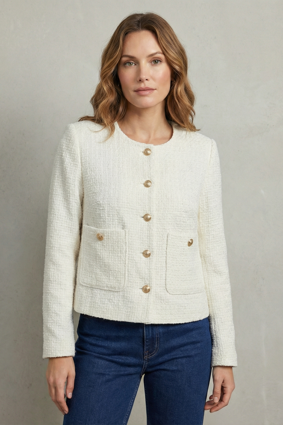 Women's cropped round neck blazer with gold-tone buttons
