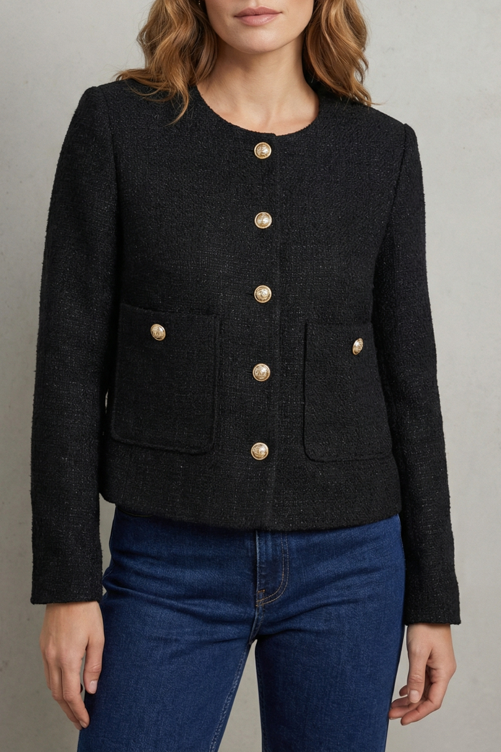 Women's cropped round neck blazer with gold-tone buttons