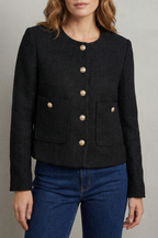 Women's cropped round neck blazer with gold-tone buttons