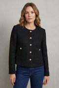 Women's cropped round neck blazer with gold-tone buttons