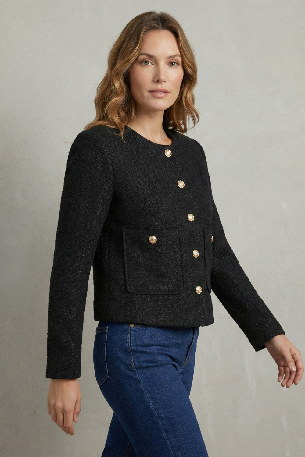 Women's cropped round neck blazer with gold-tone buttons