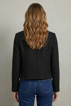 Women's cropped round neck blazer with gold-tone buttons