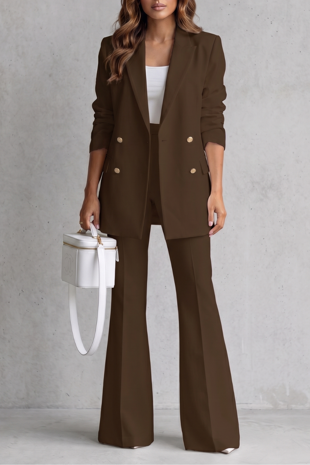 Women's double-breasted blazer and flared trouser suit set