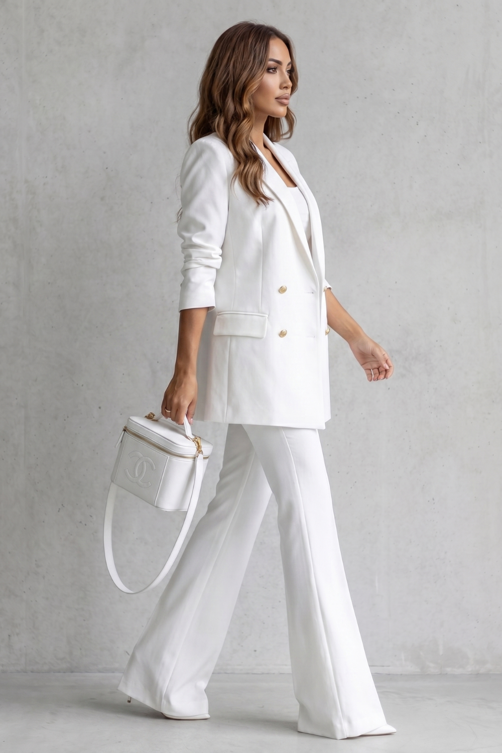 Women's double-breasted blazer and flared trouser suit set