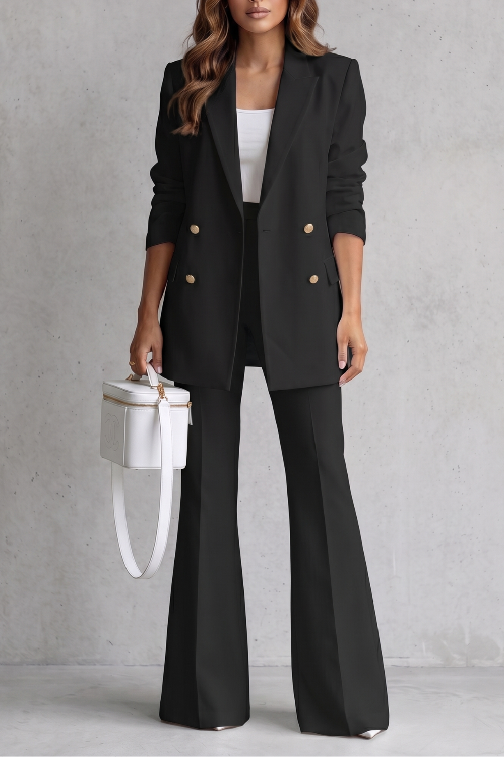 Women's double-breasted blazer and flared trouser suit set