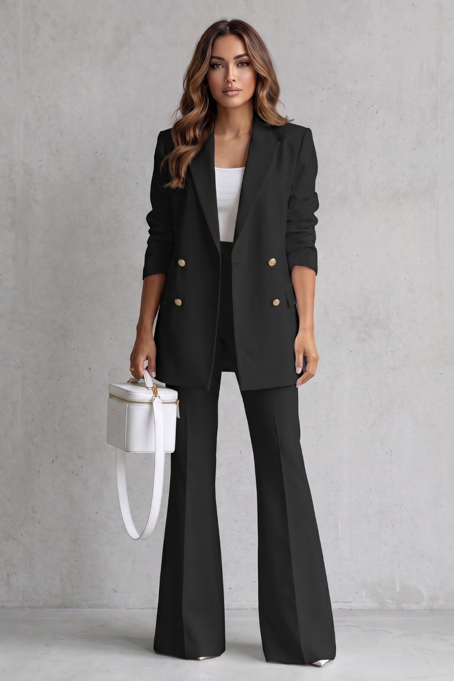 Women's double-breasted blazer and flared trouser suit set