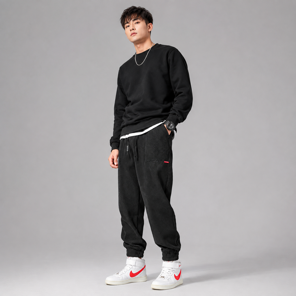 Men's fleece-lined corduroy joggers with cuffed ankles