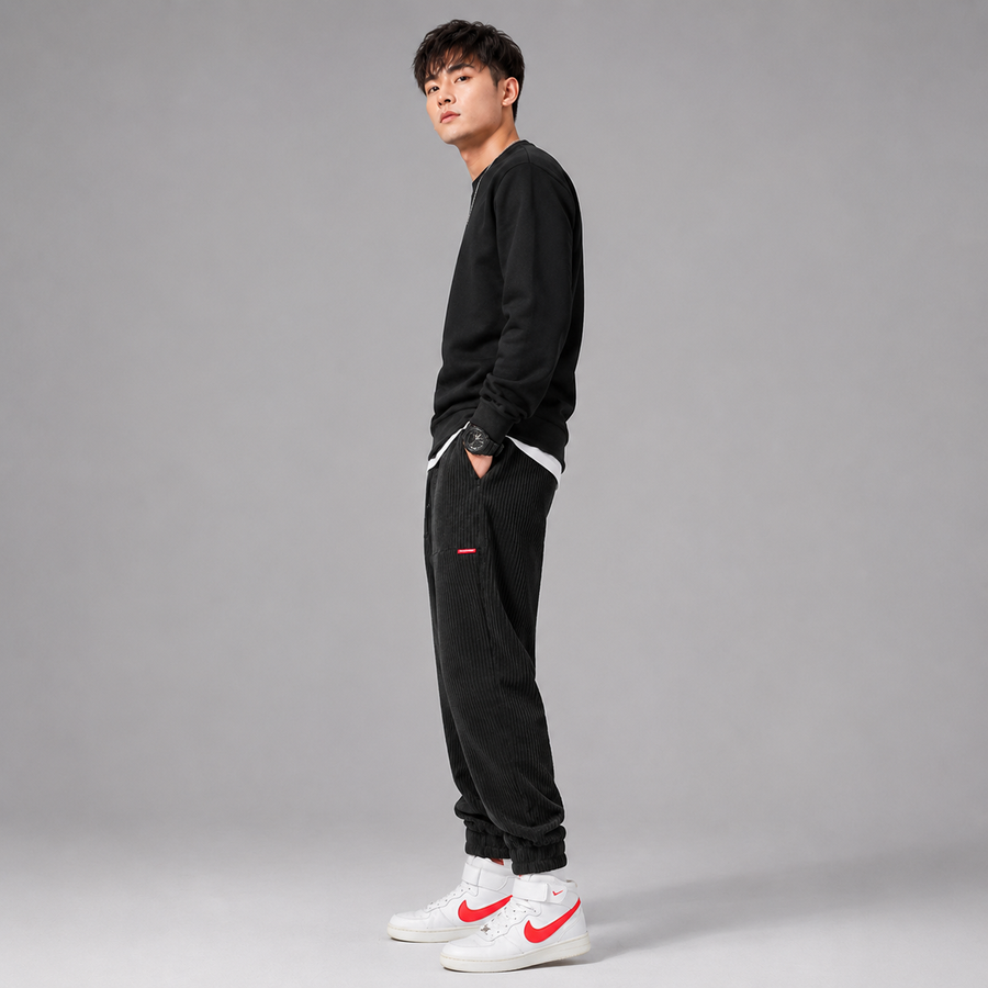 Men's fleece-lined corduroy joggers with cuffed ankles