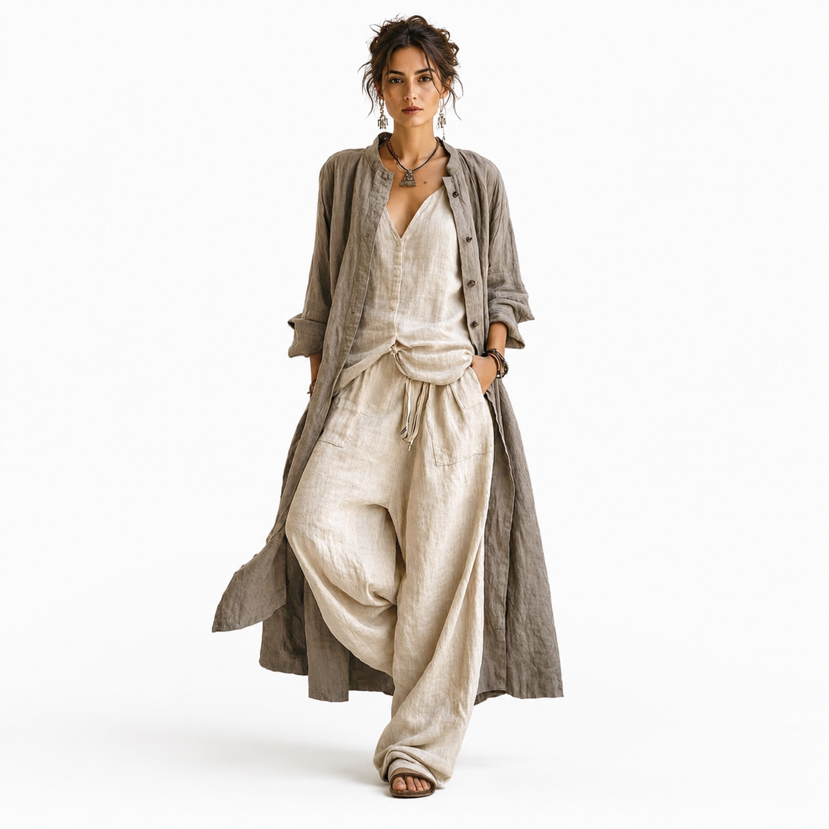Women's cotton-linen blend 3-piece set with cardigan