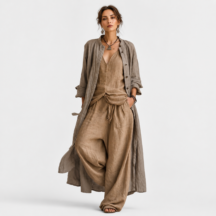 Women's cotton-linen blend 3-piece set with cardigan