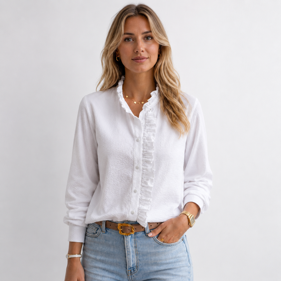 Women's ruffle front long sleeve blouse