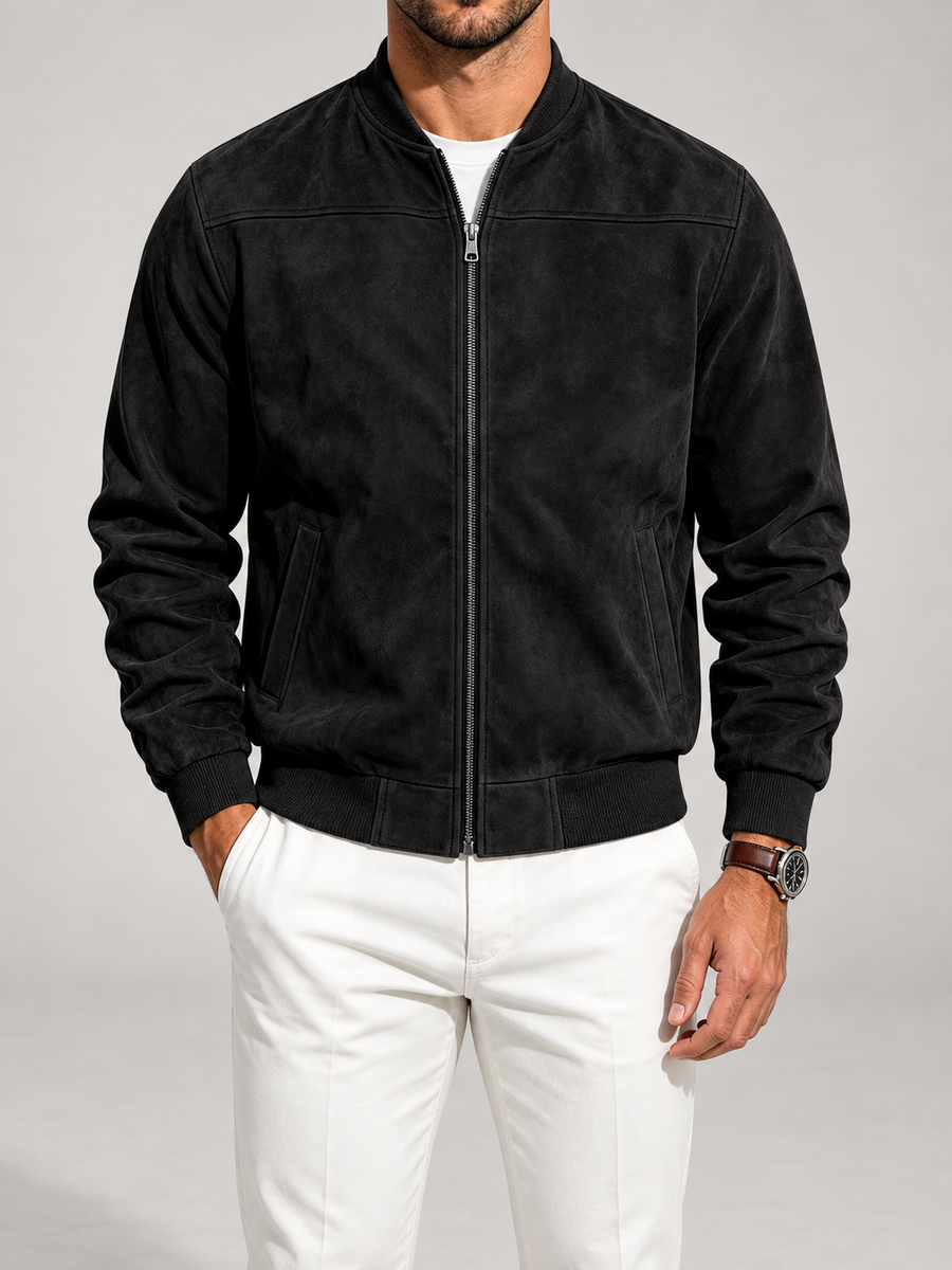 Men's suede-look bomber jacket with stand collar