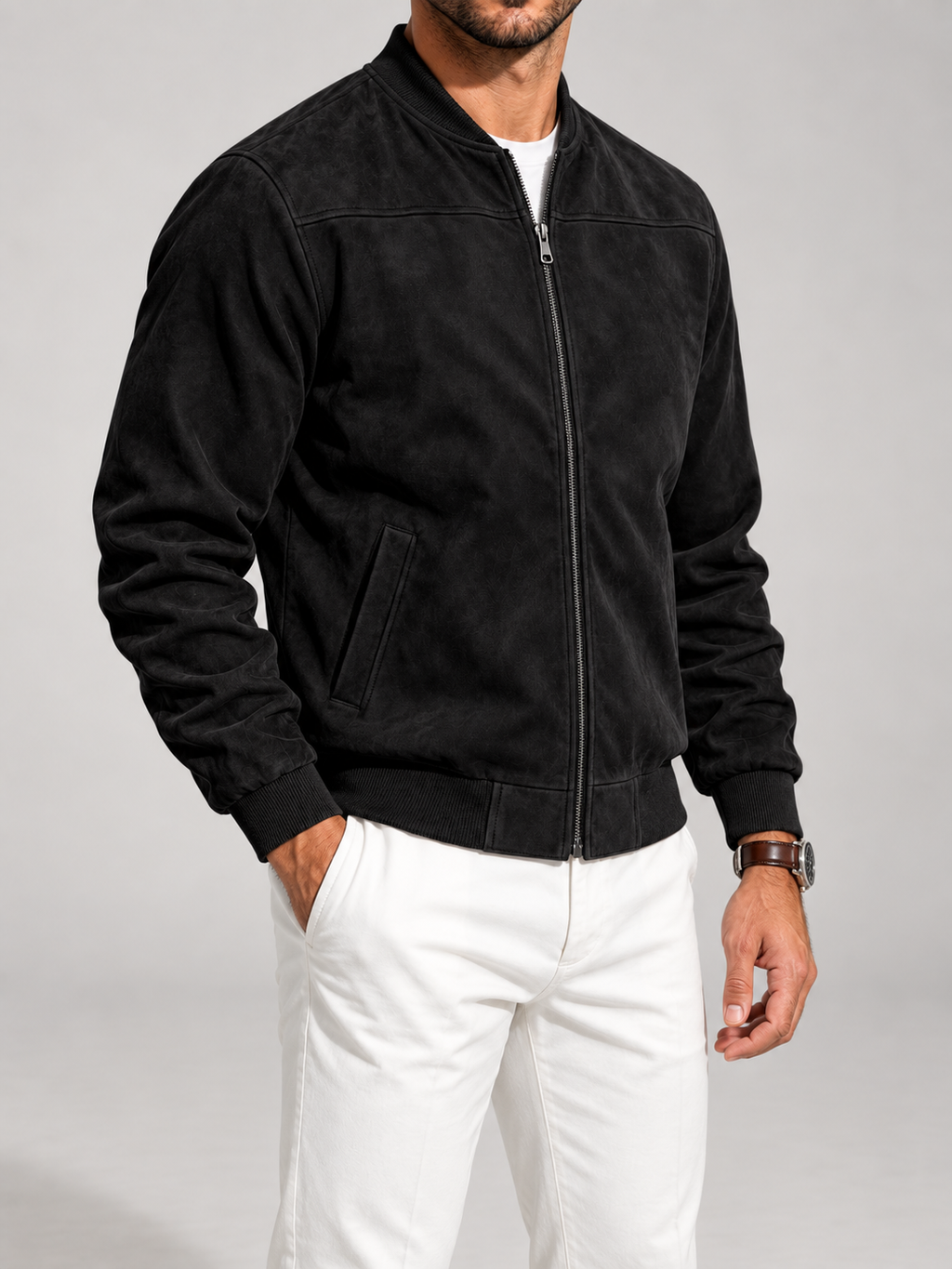 Men's suede-look bomber jacket with stand collar