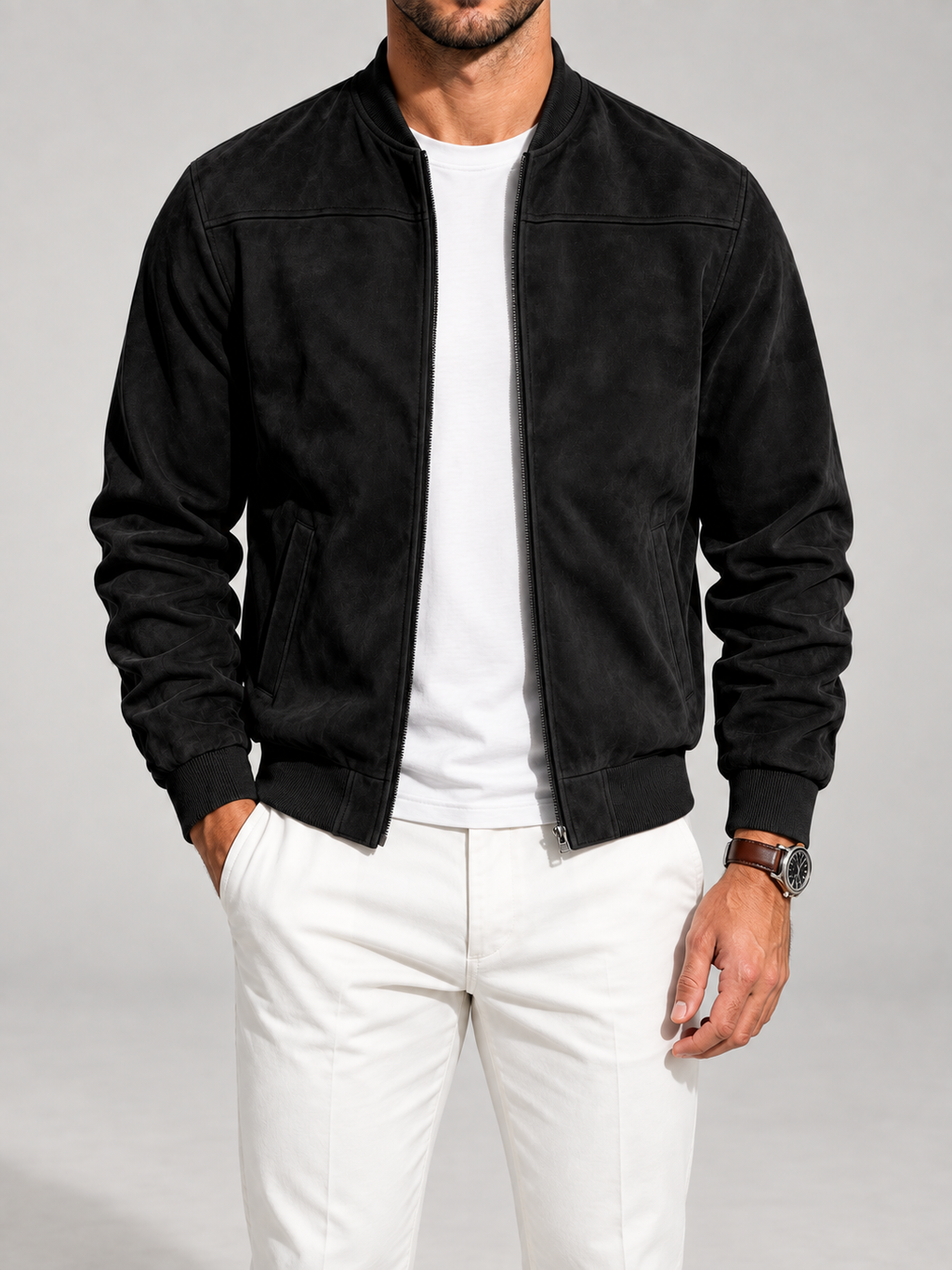Men's suede-look bomber jacket with stand collar