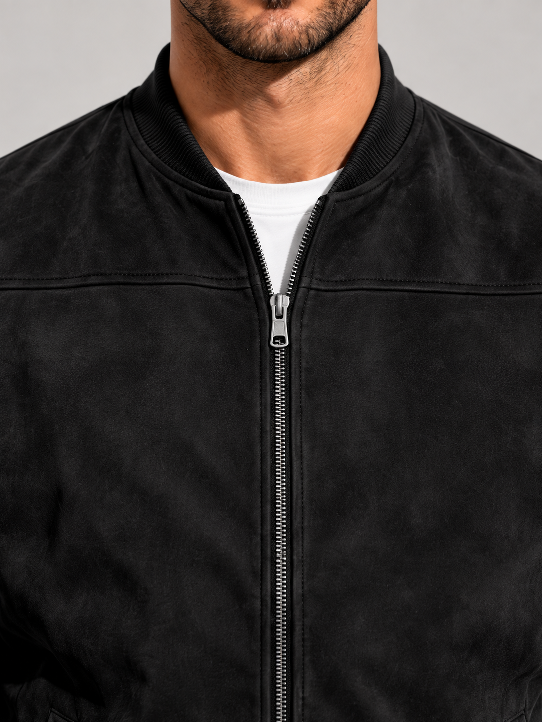 Men's suede-look bomber jacket with stand collar
