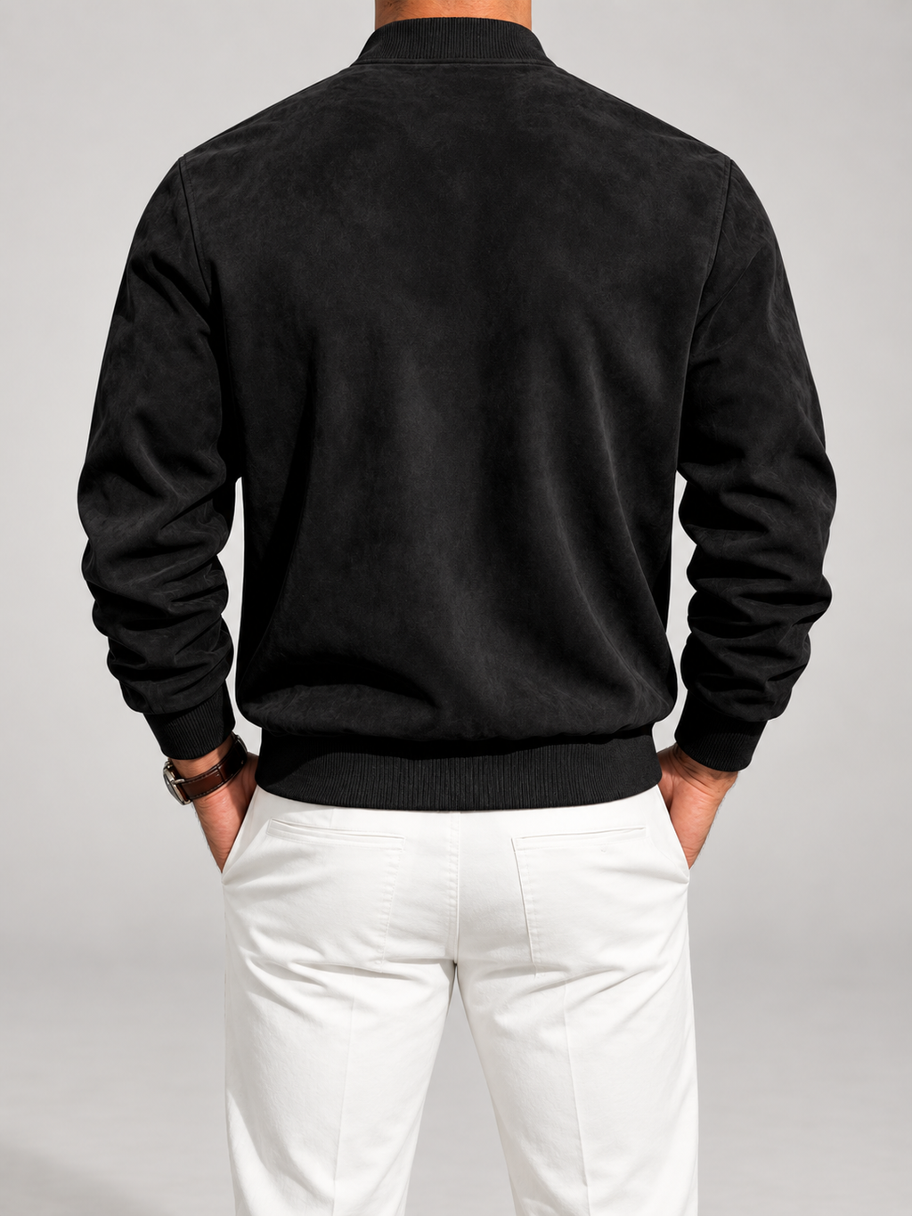 Men's suede-look bomber jacket with stand collar