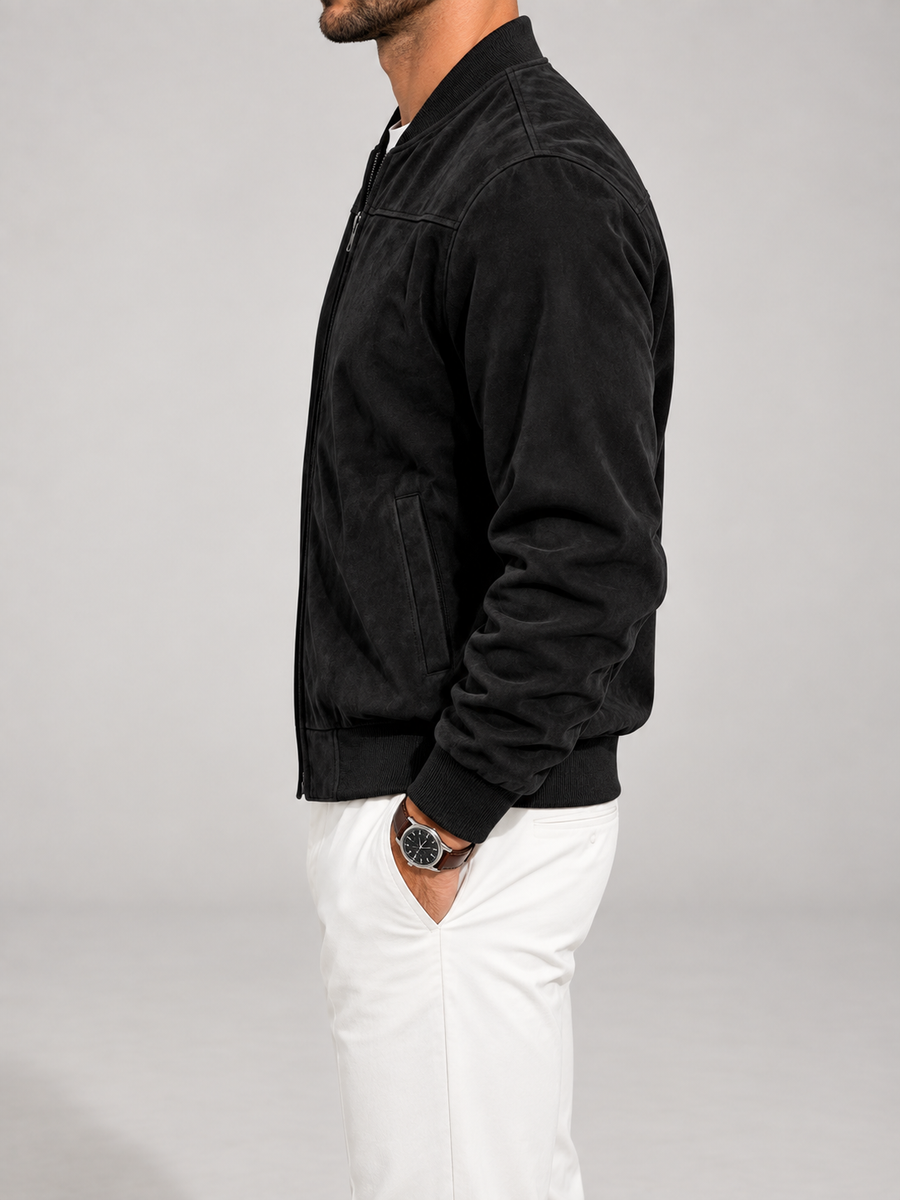 Men's suede-look bomber jacket with stand collar