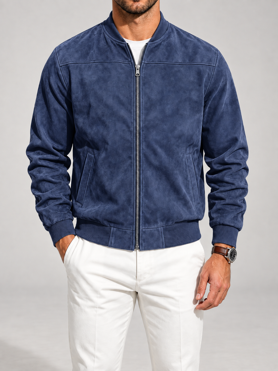 Men's suede-look bomber jacket with stand collar