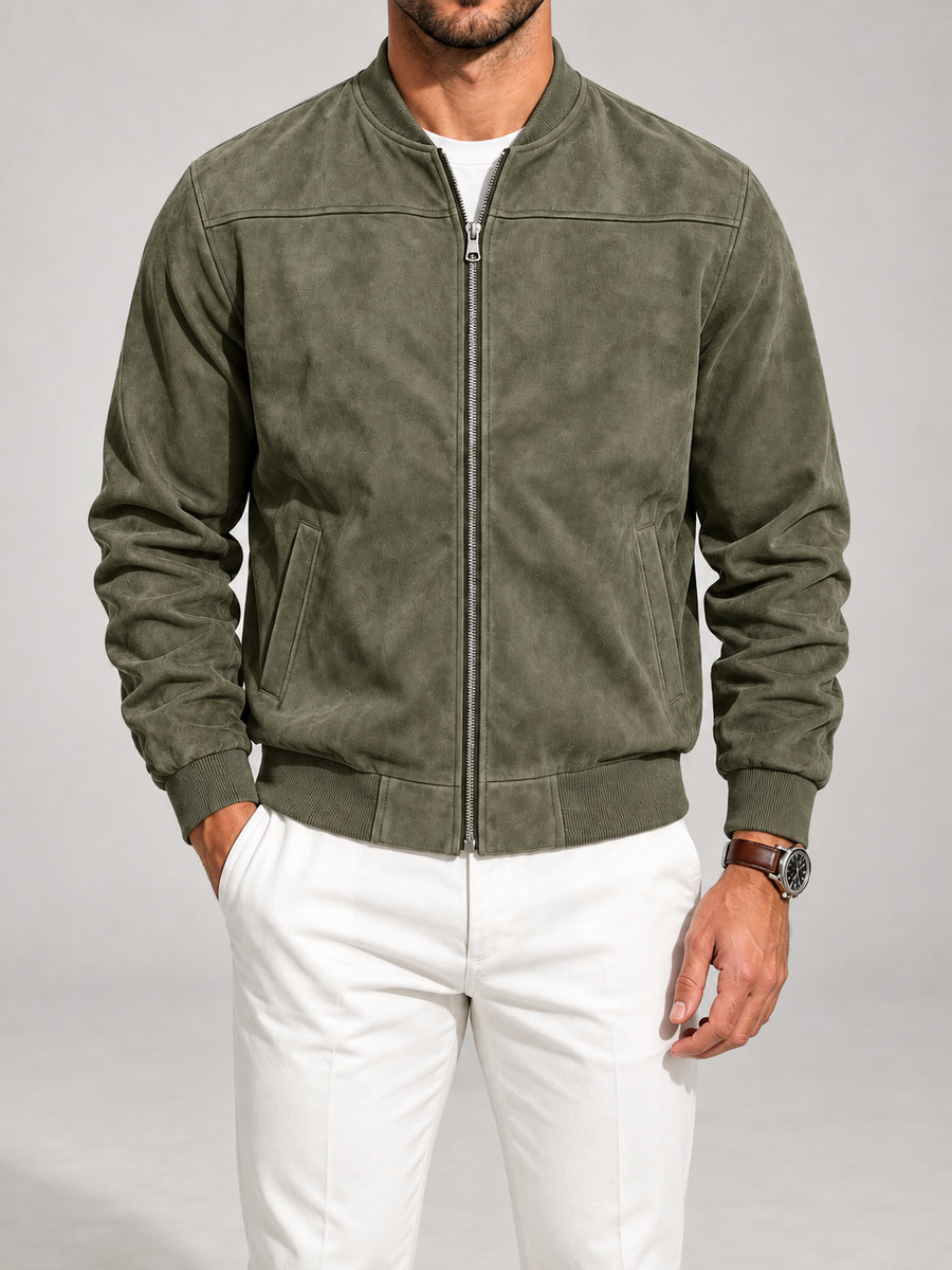 Men's suede-look bomber jacket with stand collar