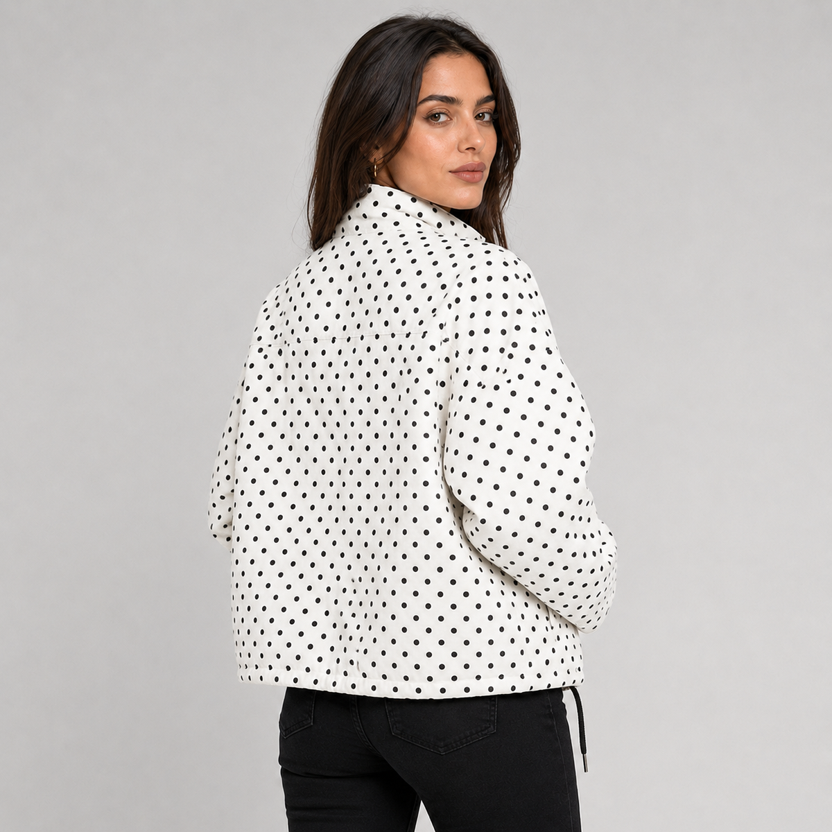 Women's oversized cropped polka dot bomber jacket