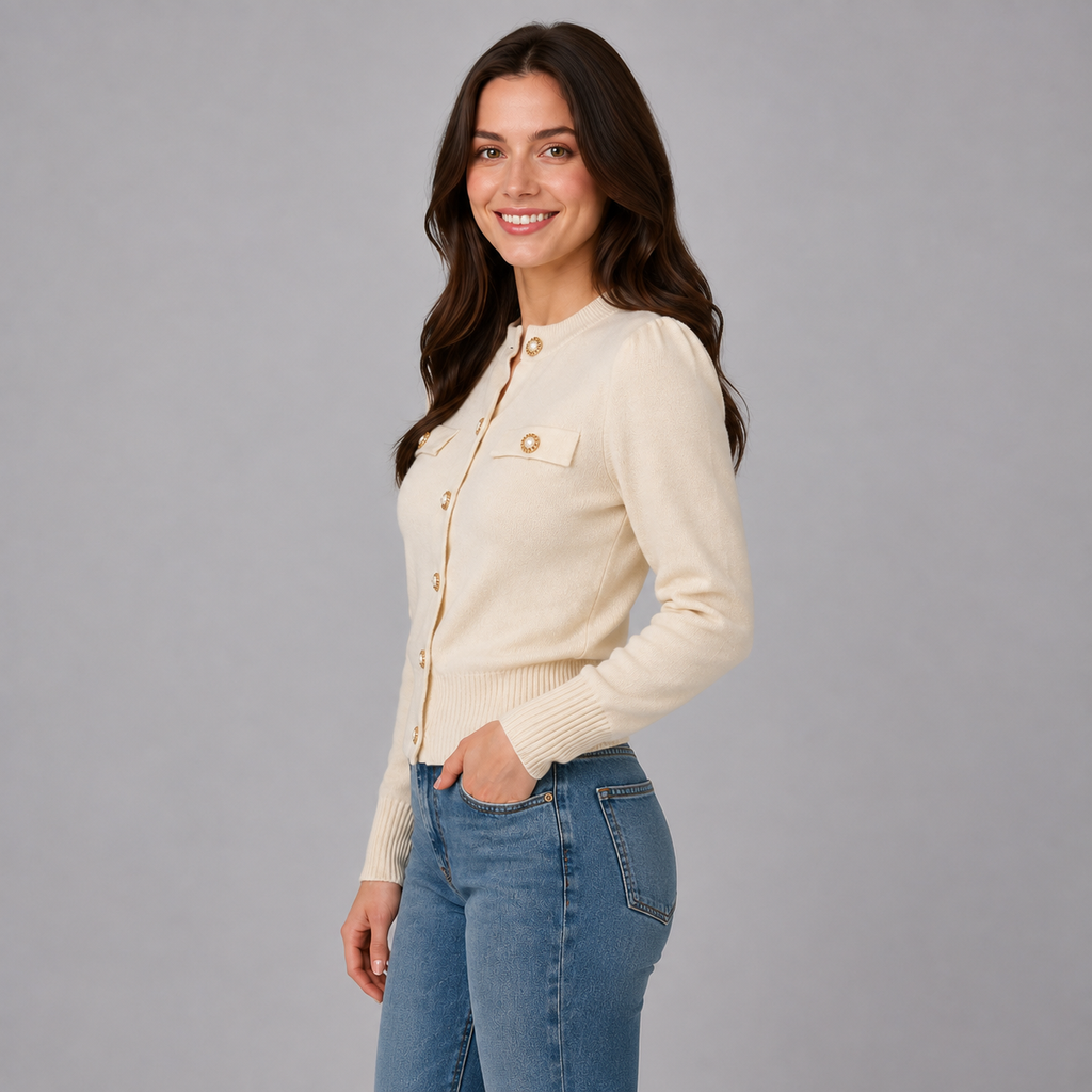 Women's cropped ribbed cardigan with gold-tone buttons