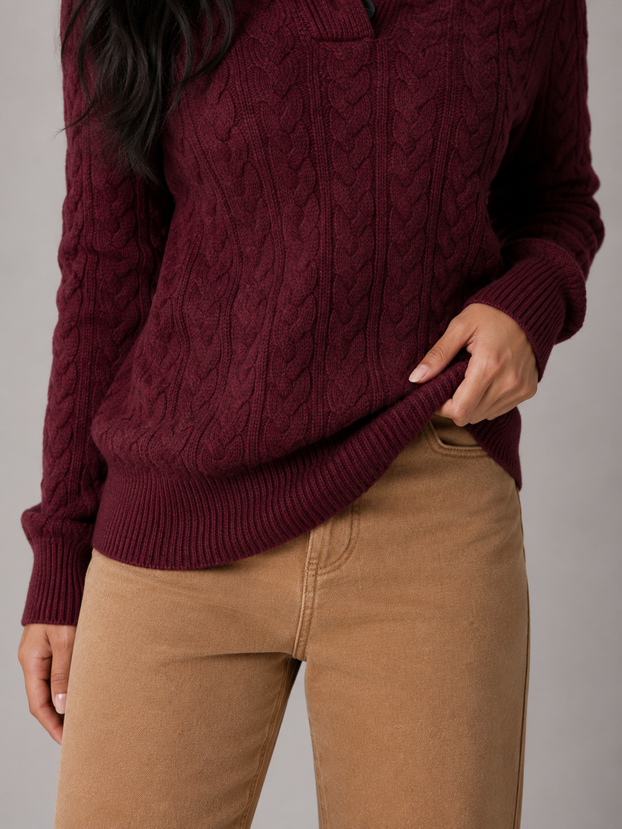 Women's cable knit jumper with buttoned neck