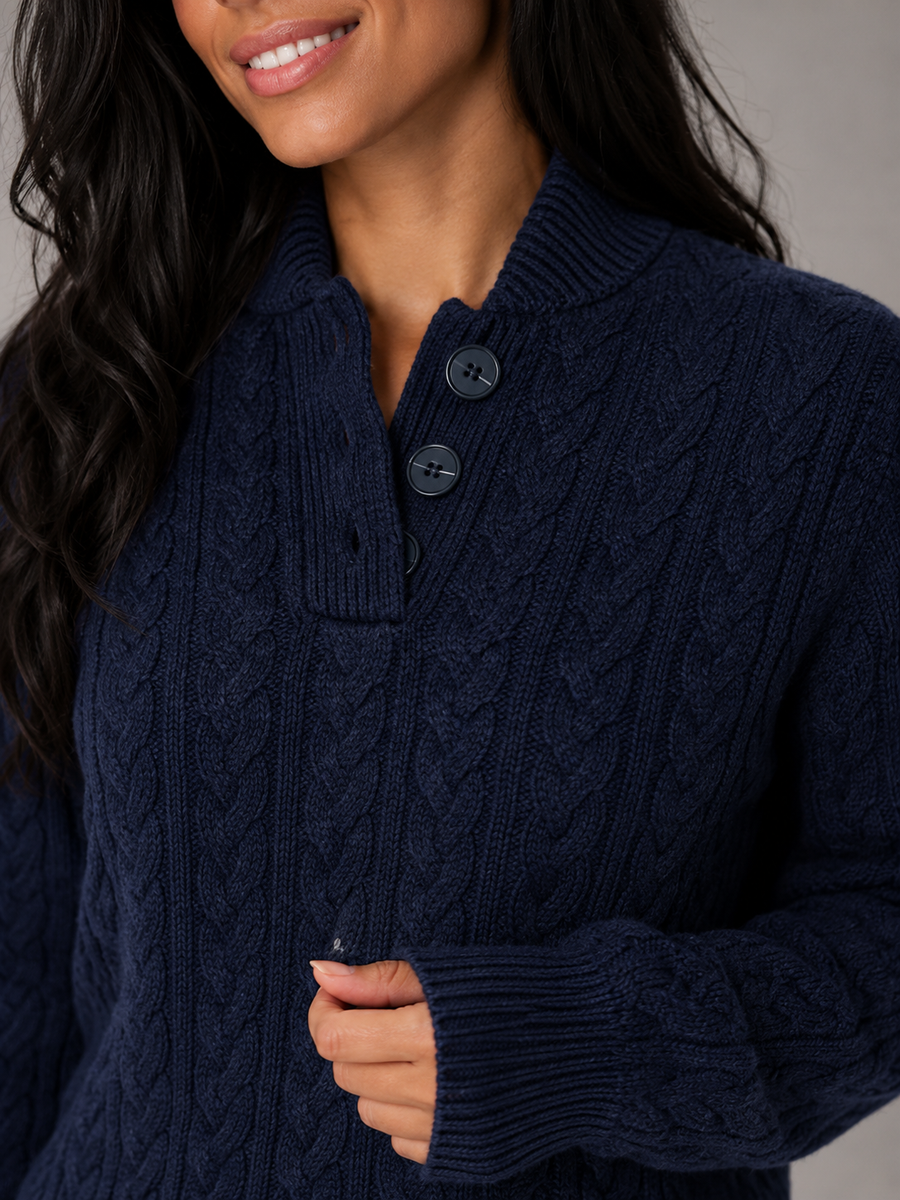 Women's cable knit jumper with buttoned neck