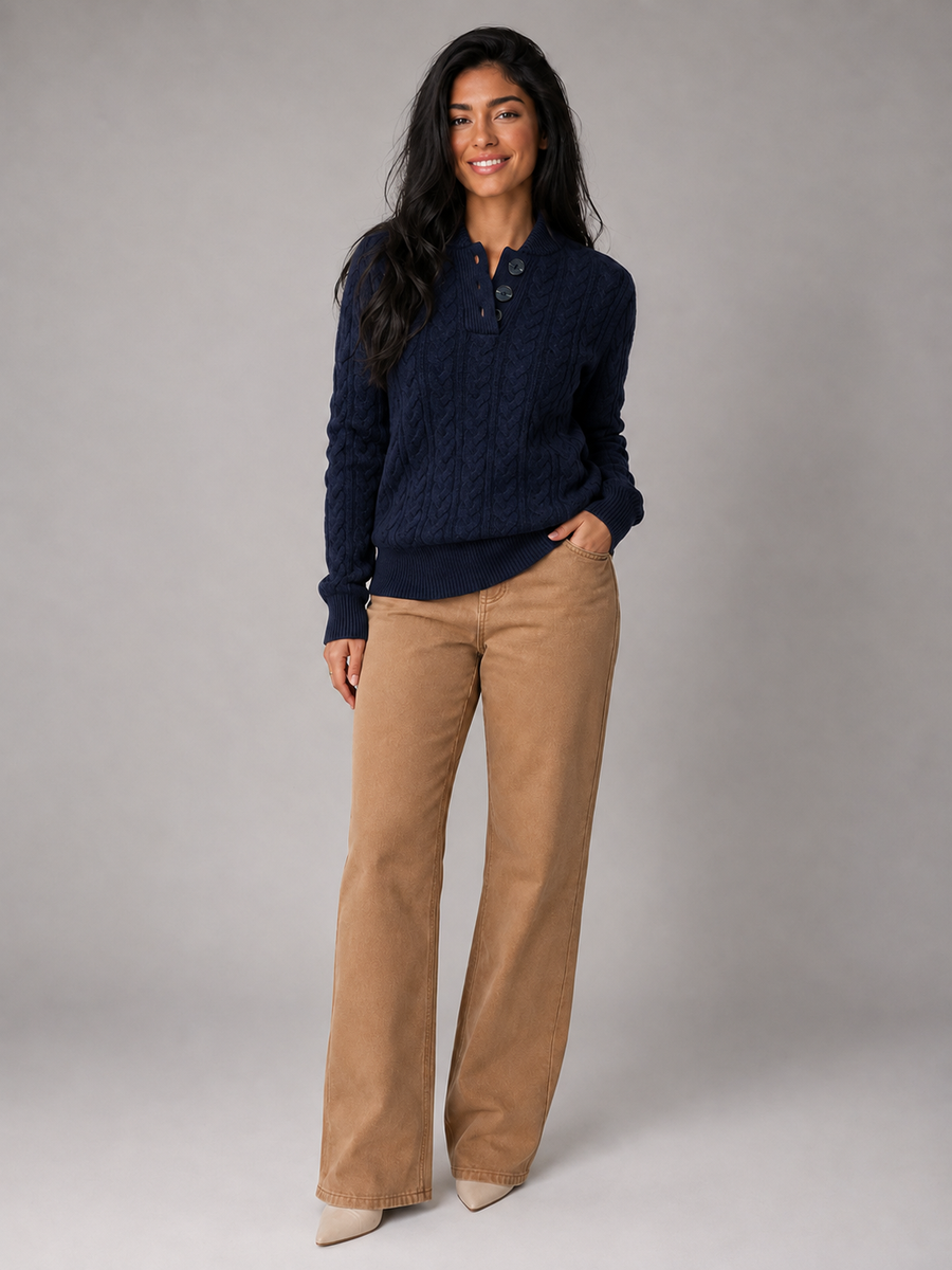Women's cable knit jumper with buttoned neck