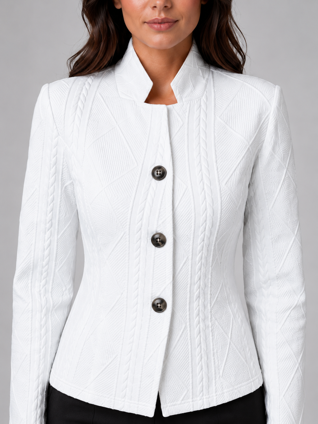 Women's woven-texture collarless button-front blazer