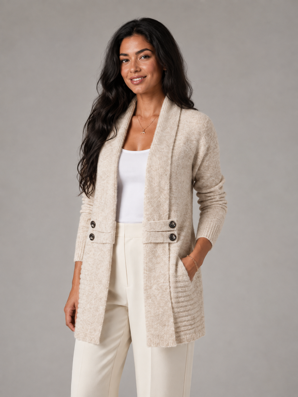 Women's shawl collar cardigan with a button-tab waist