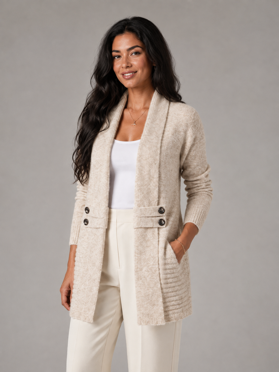Women's shawl collar cardigan with a button-tab waist