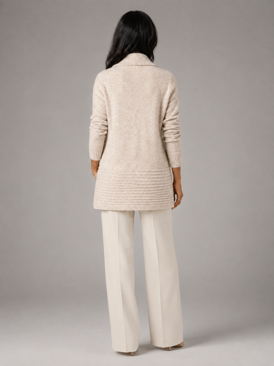 Women's shawl collar cardigan with a button-tab waist