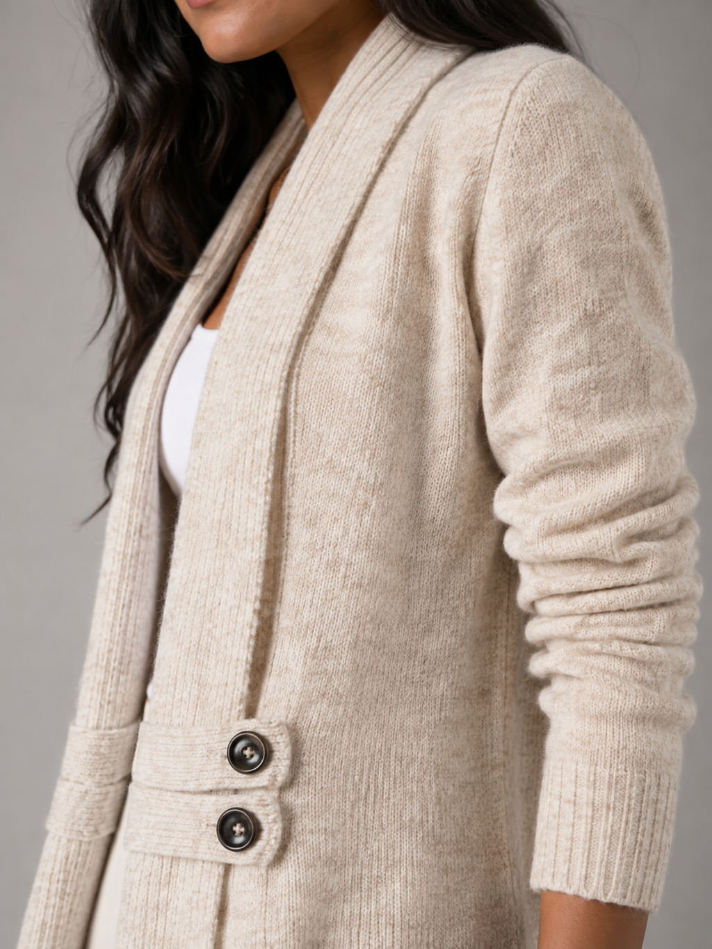 Women's shawl collar cardigan with a button-tab waist