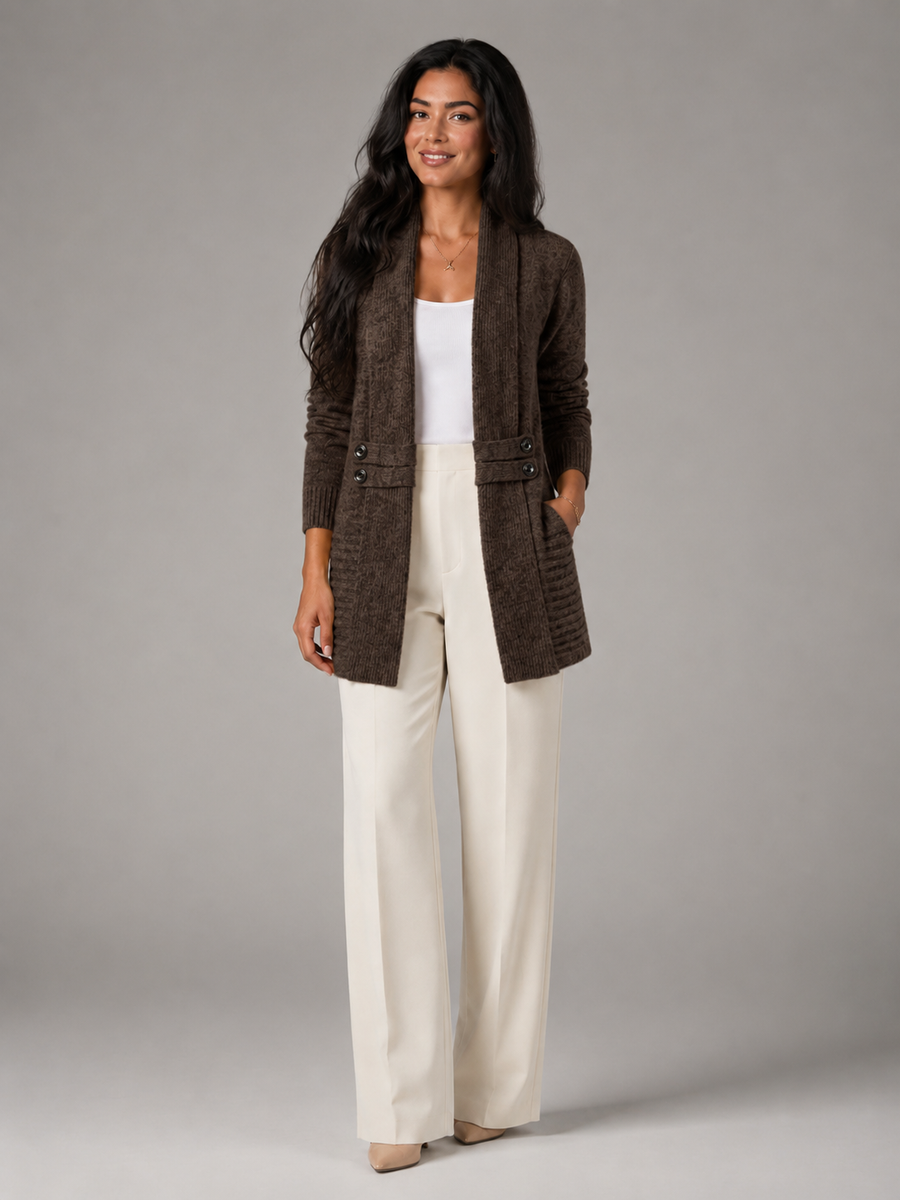 Women's shawl collar cardigan with a button-tab waist