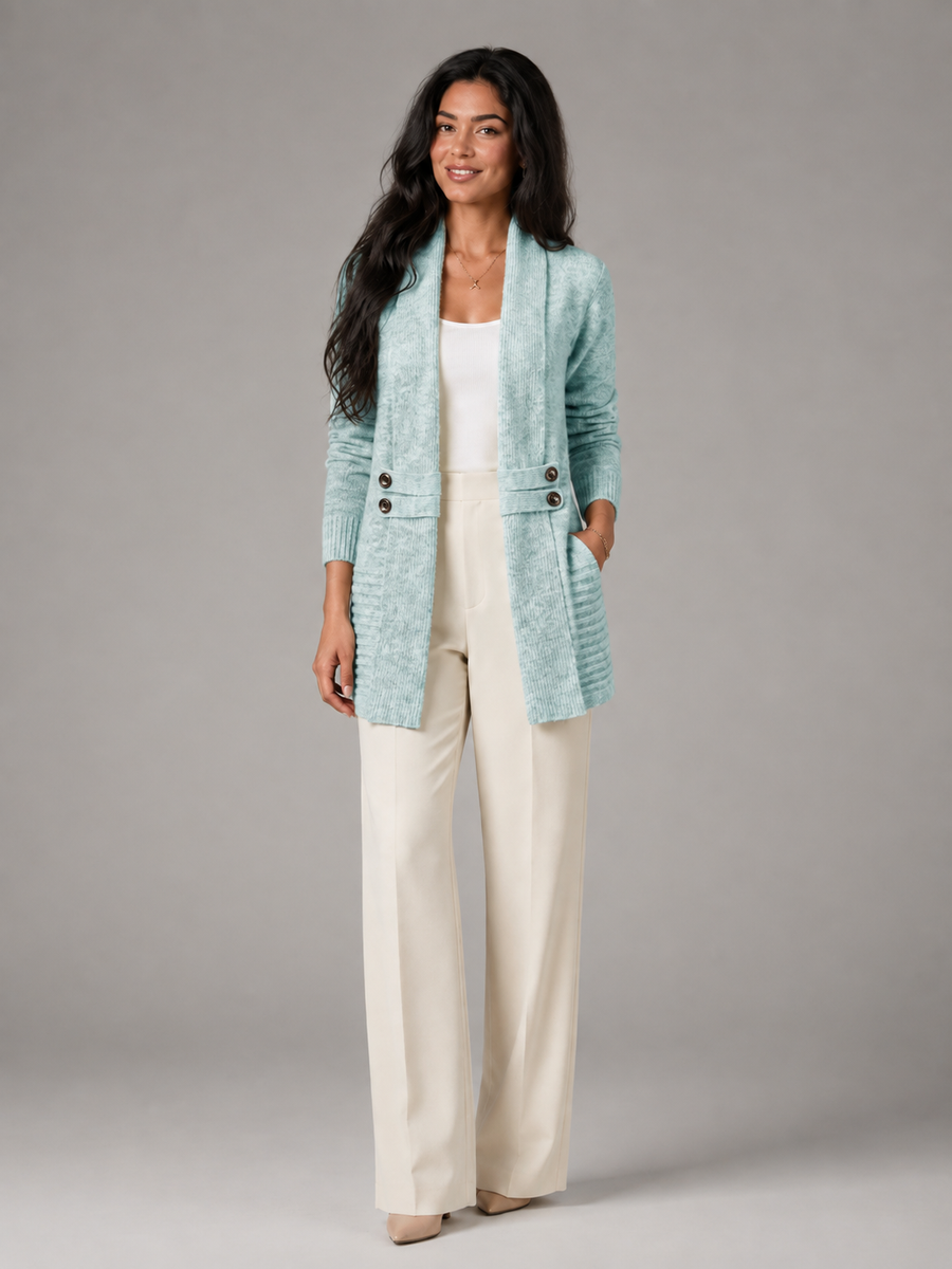 Women's shawl collar cardigan with a button-tab waist
