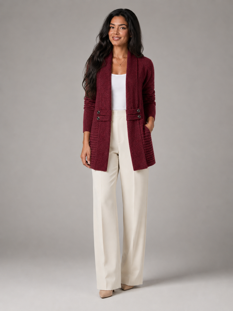 Women's shawl collar cardigan with a button-tab waist