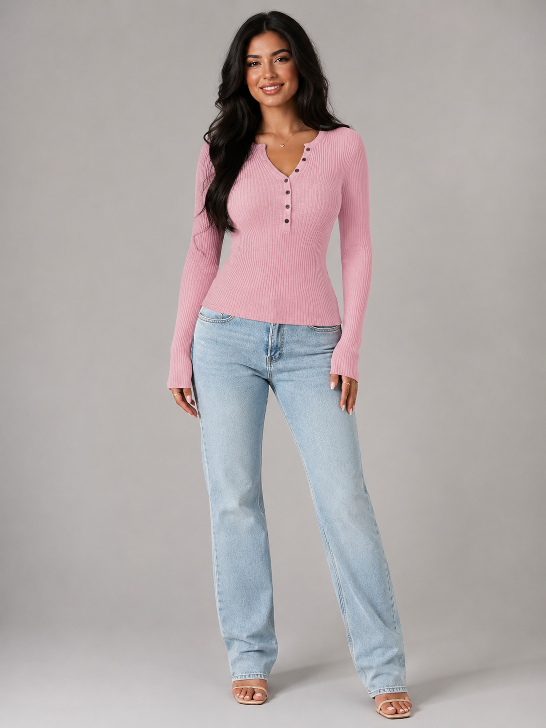 Women's ribbed knit top with button front