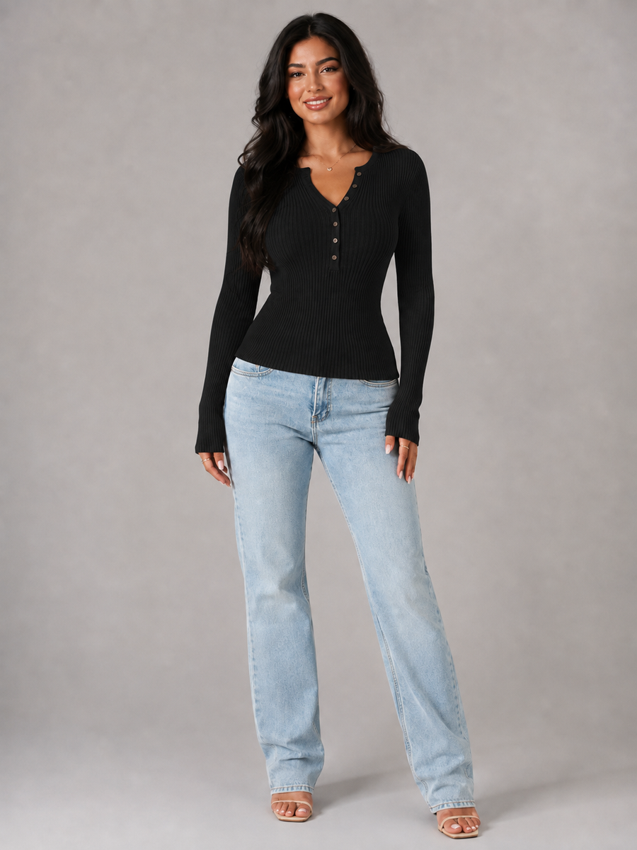 Women's ribbed knit top with button front