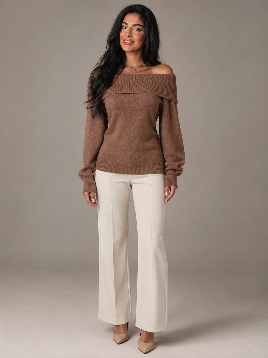 Women's off-shoulder jumper with a ribbed fold-over neckline