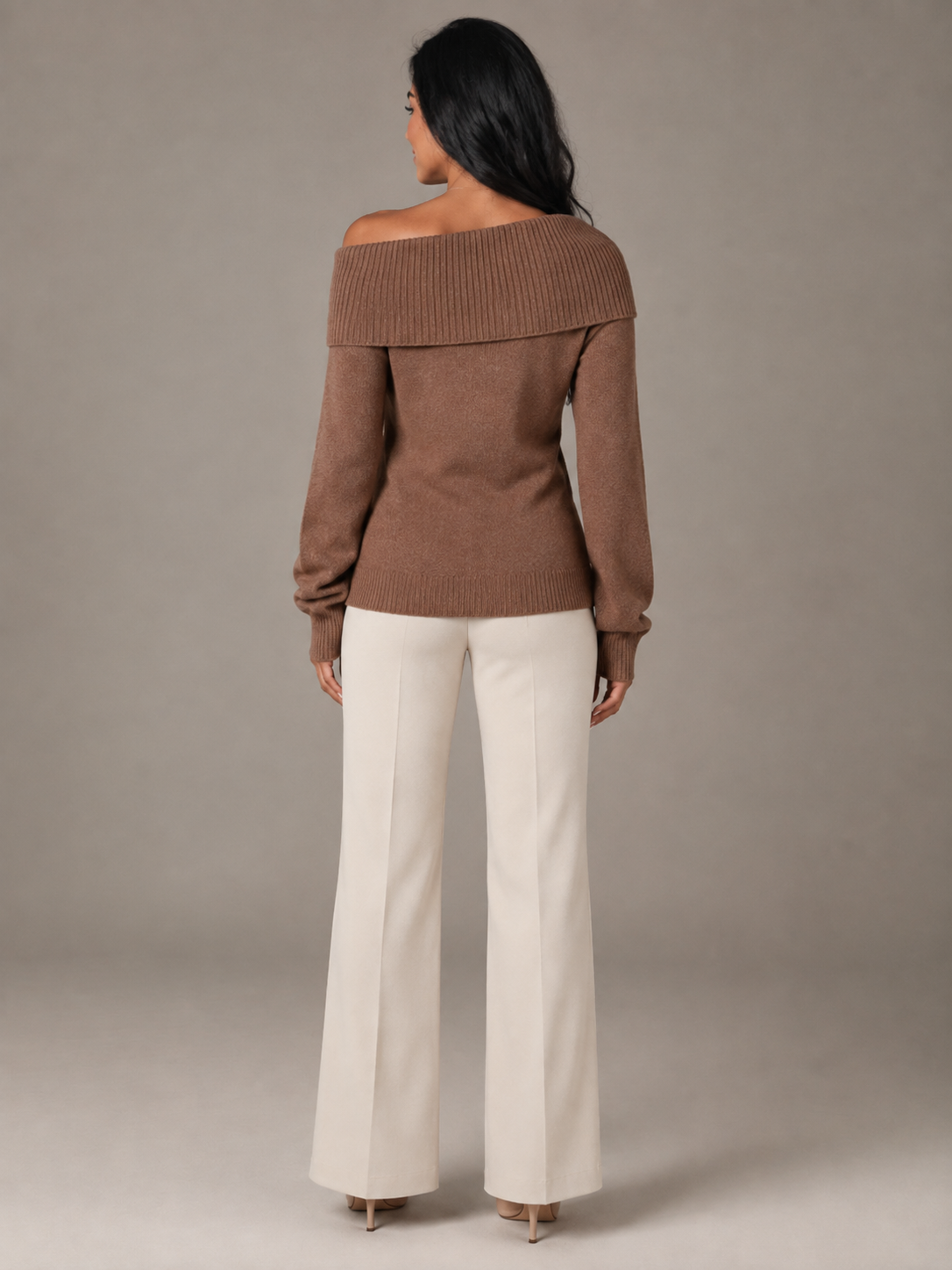 Women's off-shoulder jumper with a ribbed fold-over neckline