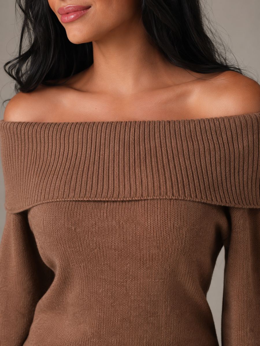 Women's off-shoulder jumper with a ribbed fold-over neckline