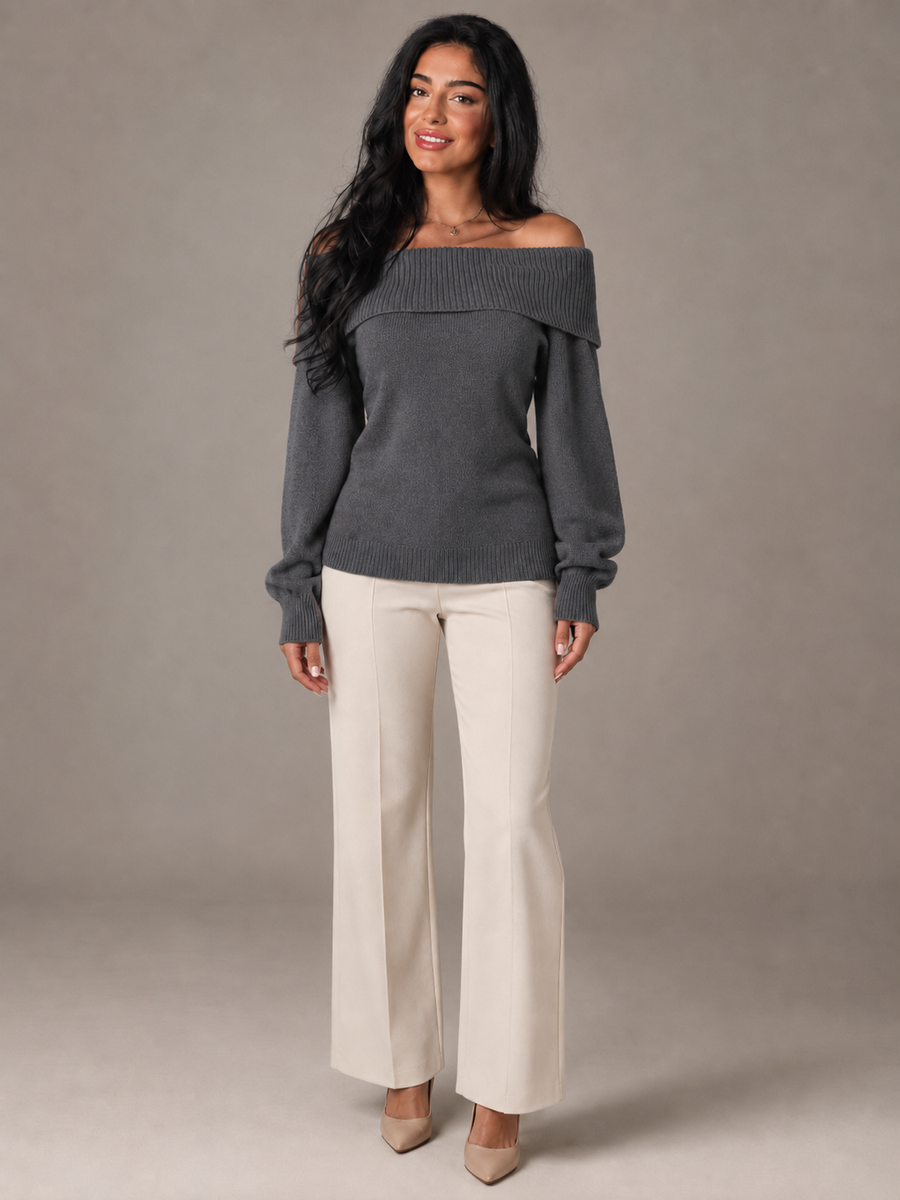 Women's off-shoulder jumper with a ribbed fold-over neckline