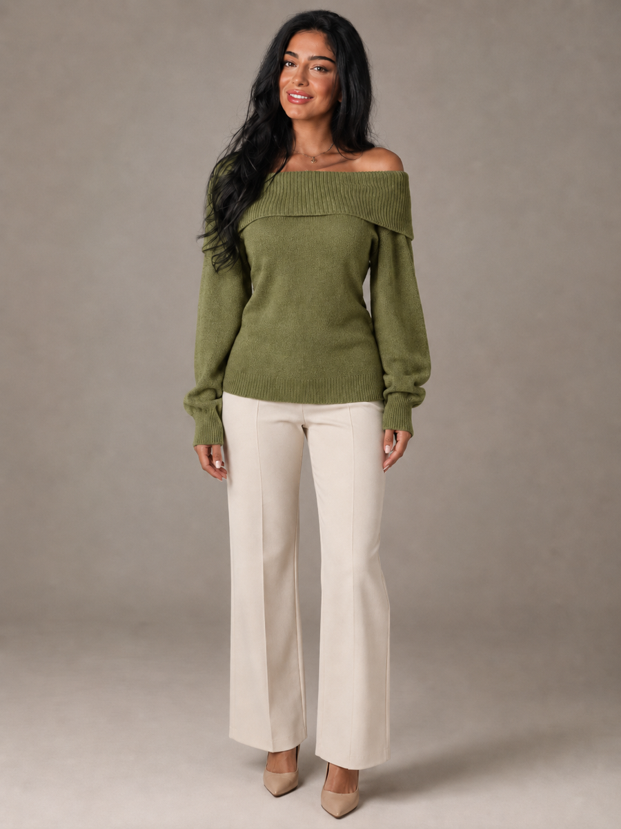 Women's off-shoulder jumper with a ribbed fold-over neckline